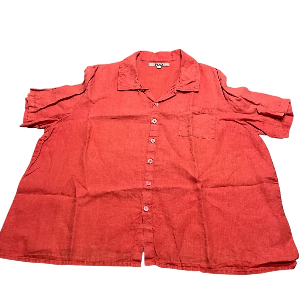 Flax Womens Linen Orange Red Button Up Shirt Collared Plush Size 1X